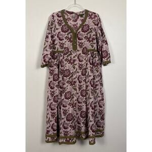 April Cornell All Over Floral Button Front Quarter Sleeve Maxi Dress Large